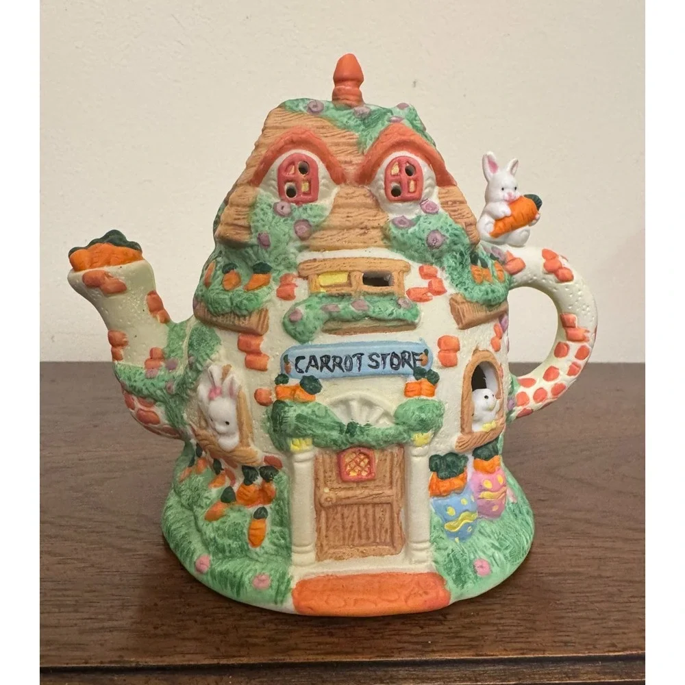 Vintage Bunny Cottage Figurine Carrot Patch House Decorative Shelf Decor Gift
